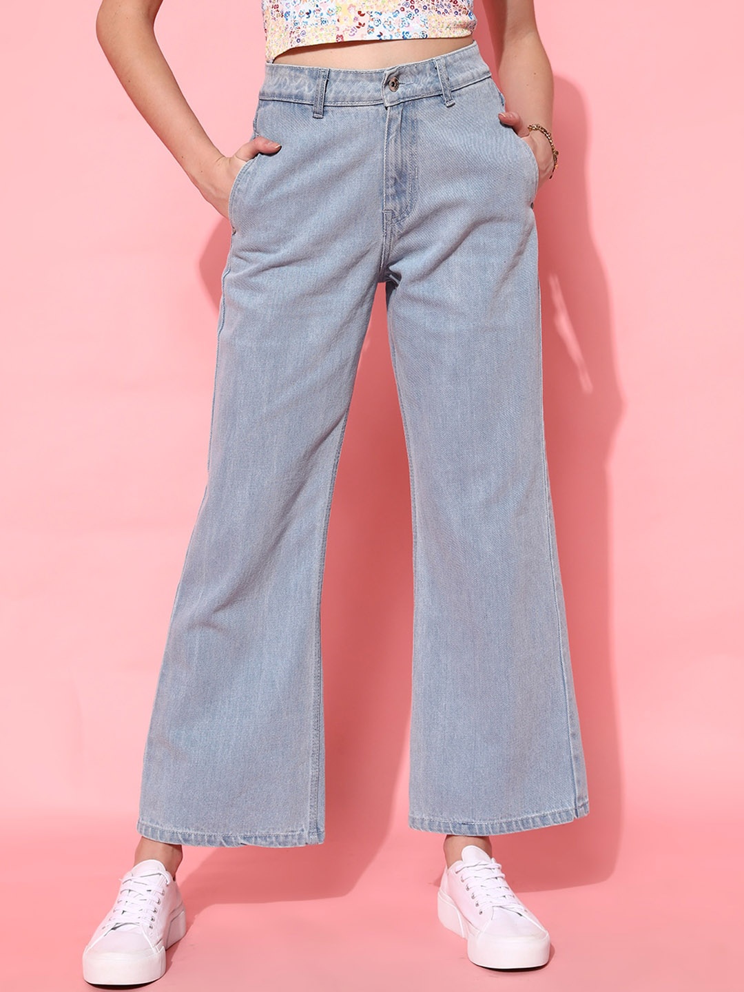 

STREET 9 Women Blue Hottie Wide Leg High-Rise Low Distress Jeans