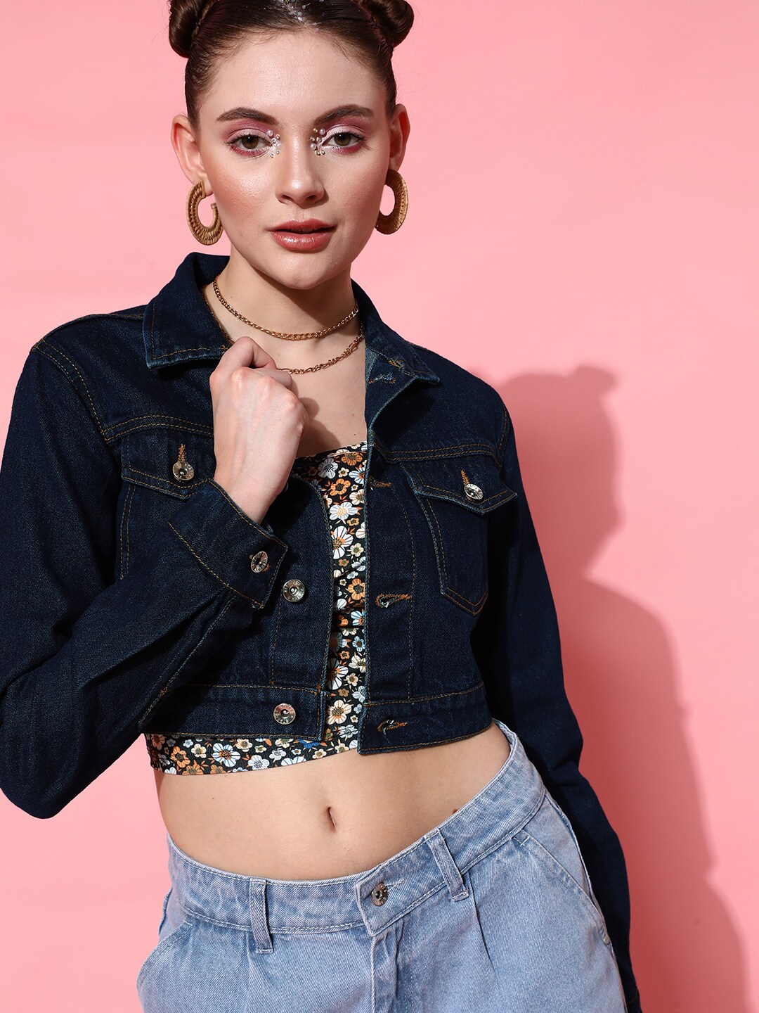 

STREET 9 Women Blue Solid Crop Denim Jacket