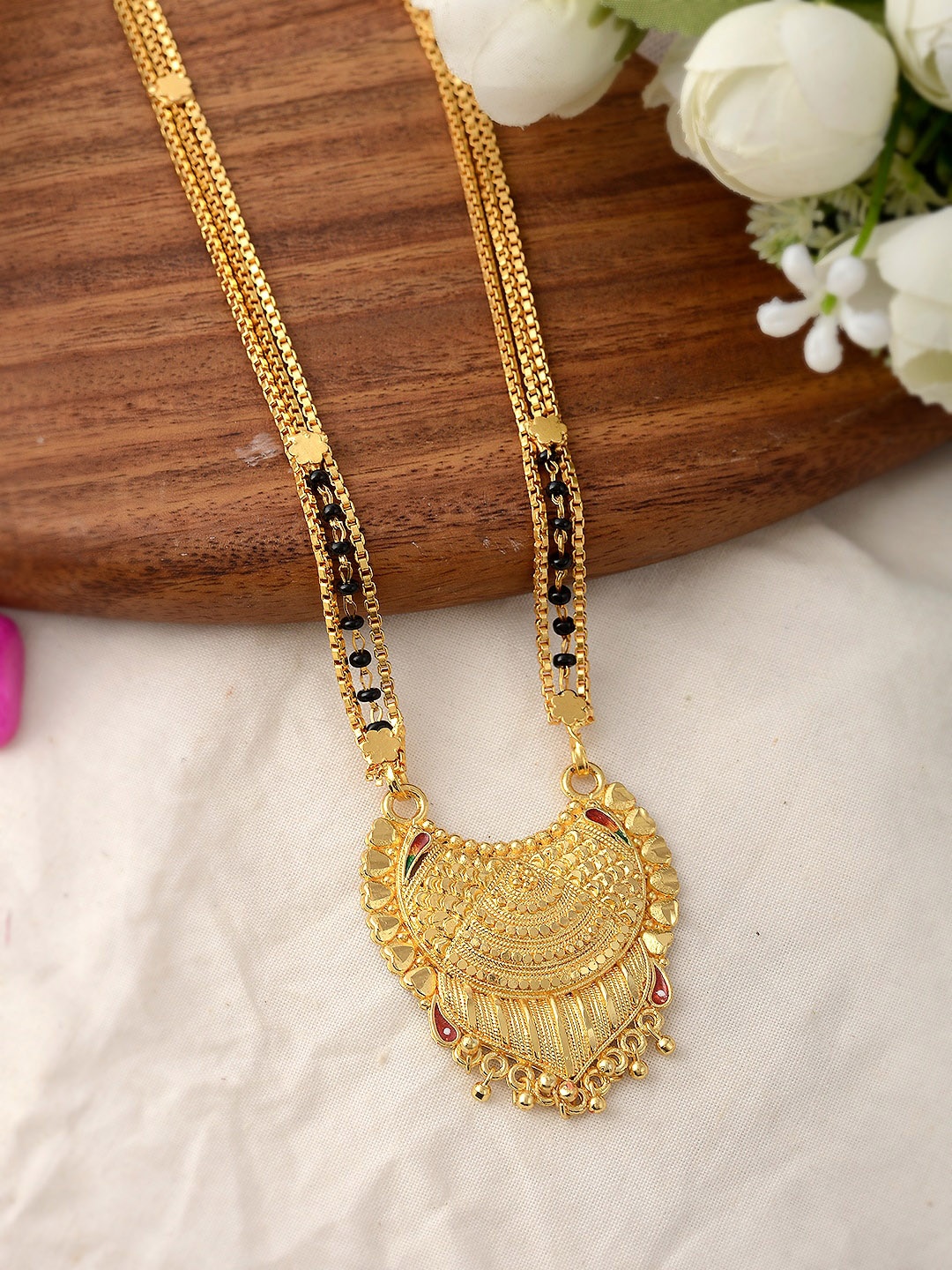 

Silvermerc Designs Gold-Plated Black Beaded Traditional Mangalsutra