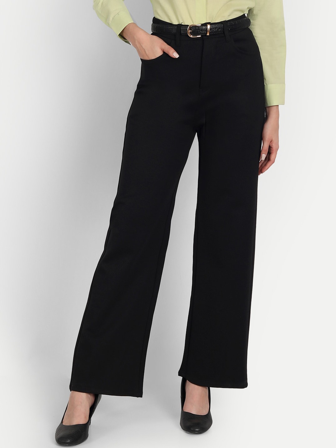 

Next One Women Black Relaxed Straight Leg Loose Fit High-Rise Easy Wash Trousers