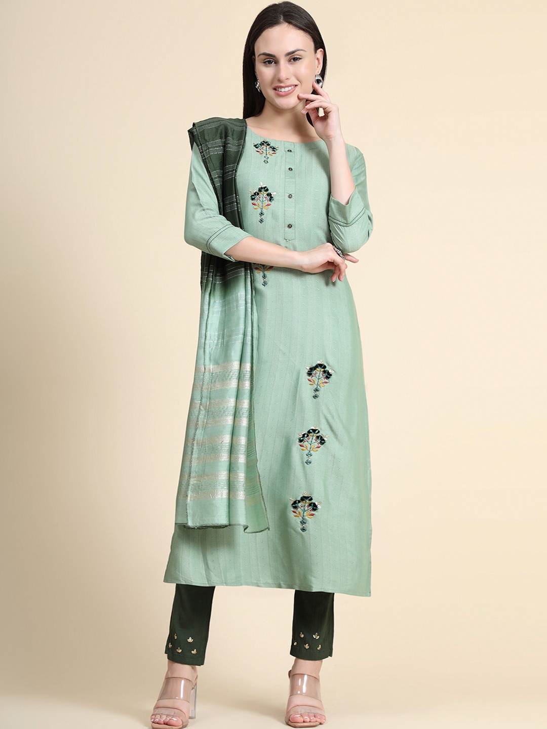 

Color Trends Women Green Floral Embroidered Kurta with Trouser & Dupatta