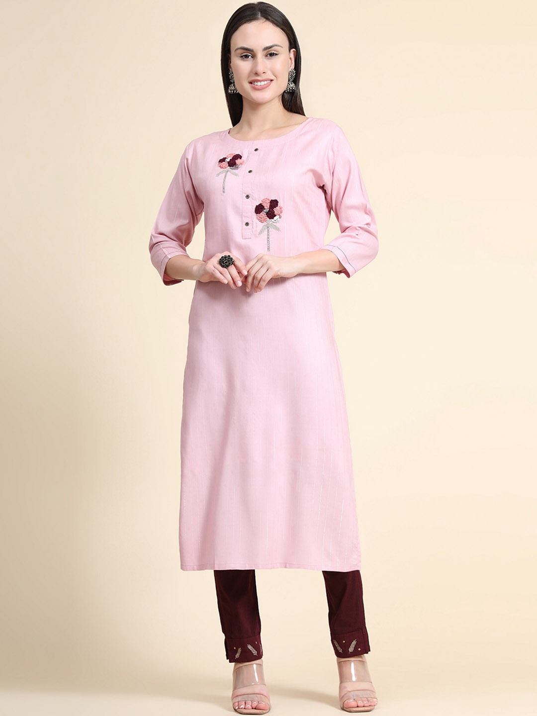 

Color Trends Women Rose Embroidered Layered Kurti with Trousers & With Dupatta