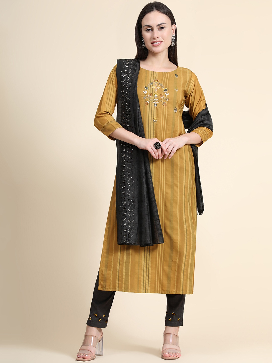 

Color Trends Women Mustard Yellow Floral Striped Kurta with Trousers & Dupatta