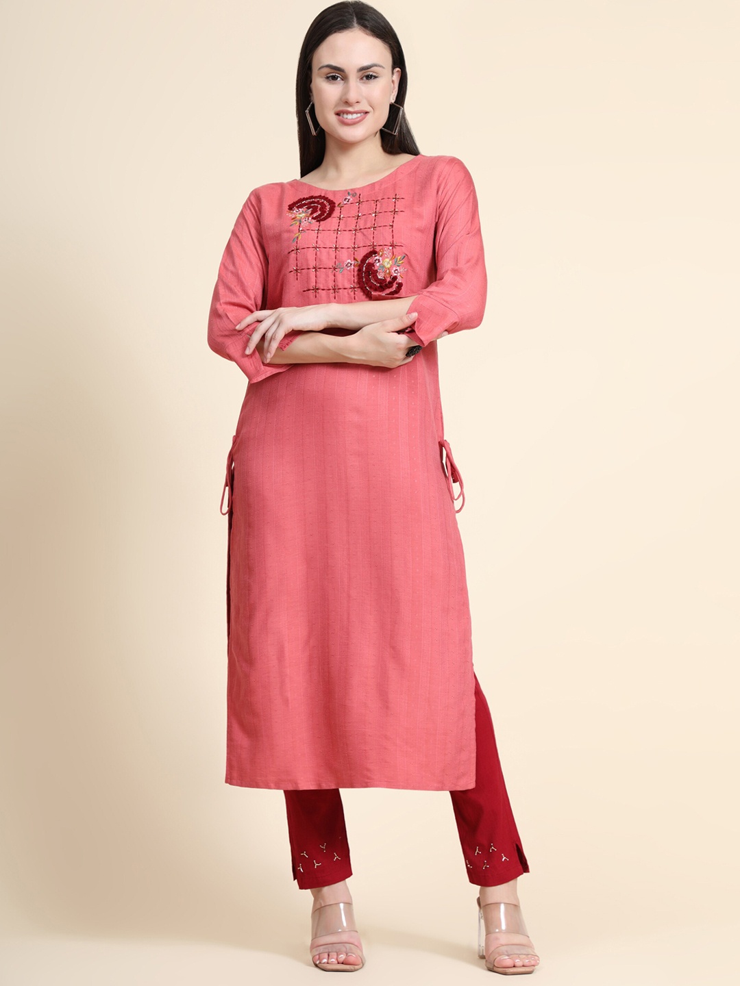 

Color Trends Women Peach-Coloured Printed Kurti with Trousers & With Dupatta