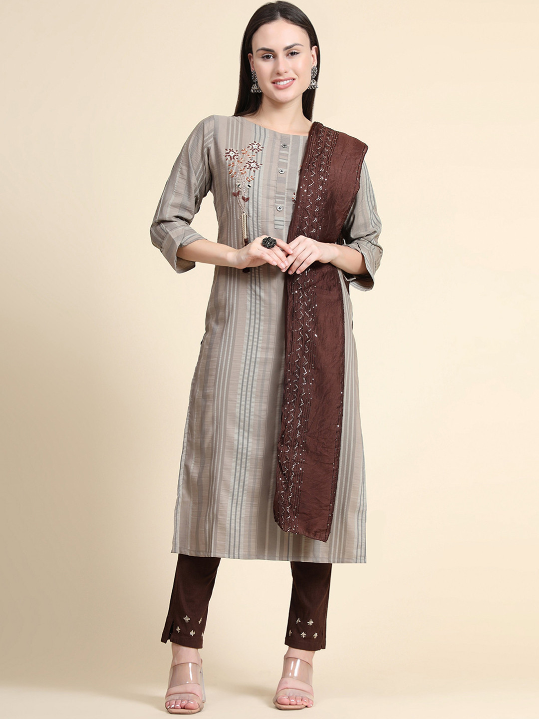 

Color Trends Women Grey Floral Embroidered Kurta with Trousers & With Dupatta