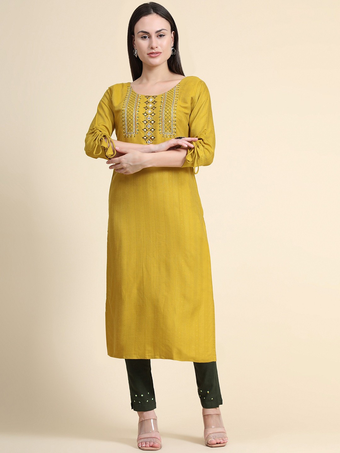 

Color Trends Women Lemon Yellow Floral Embroidered Kurta with Trousers & With Dupatta