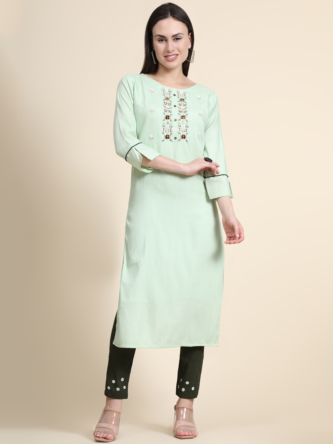 

Color Trends Women Sea Green Floral Embroidered Kurta with Trousers & With Dupatta