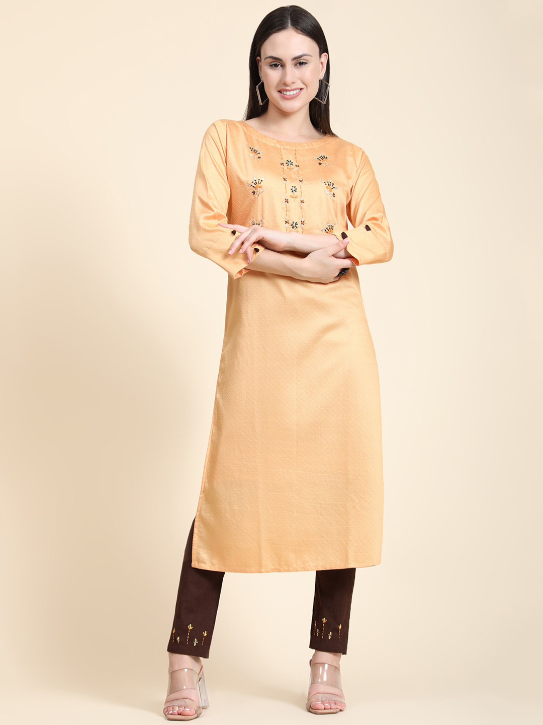 

Color Trends Women Orange Floral Embroidered Kurta Set With Dupatta