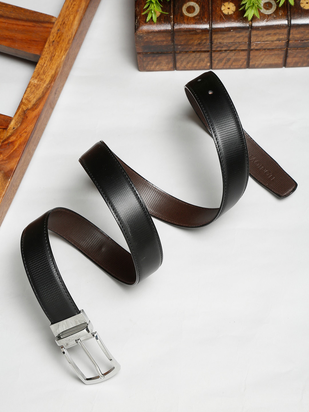

MUTAQINOTI Men Black Textured PU Formal Belt