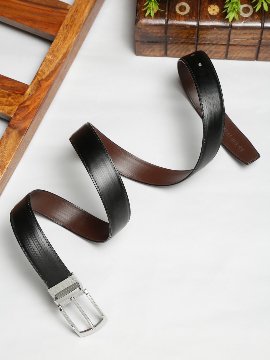 

MUTAQINOTI Men Black Vegan Leather Reversible Belt