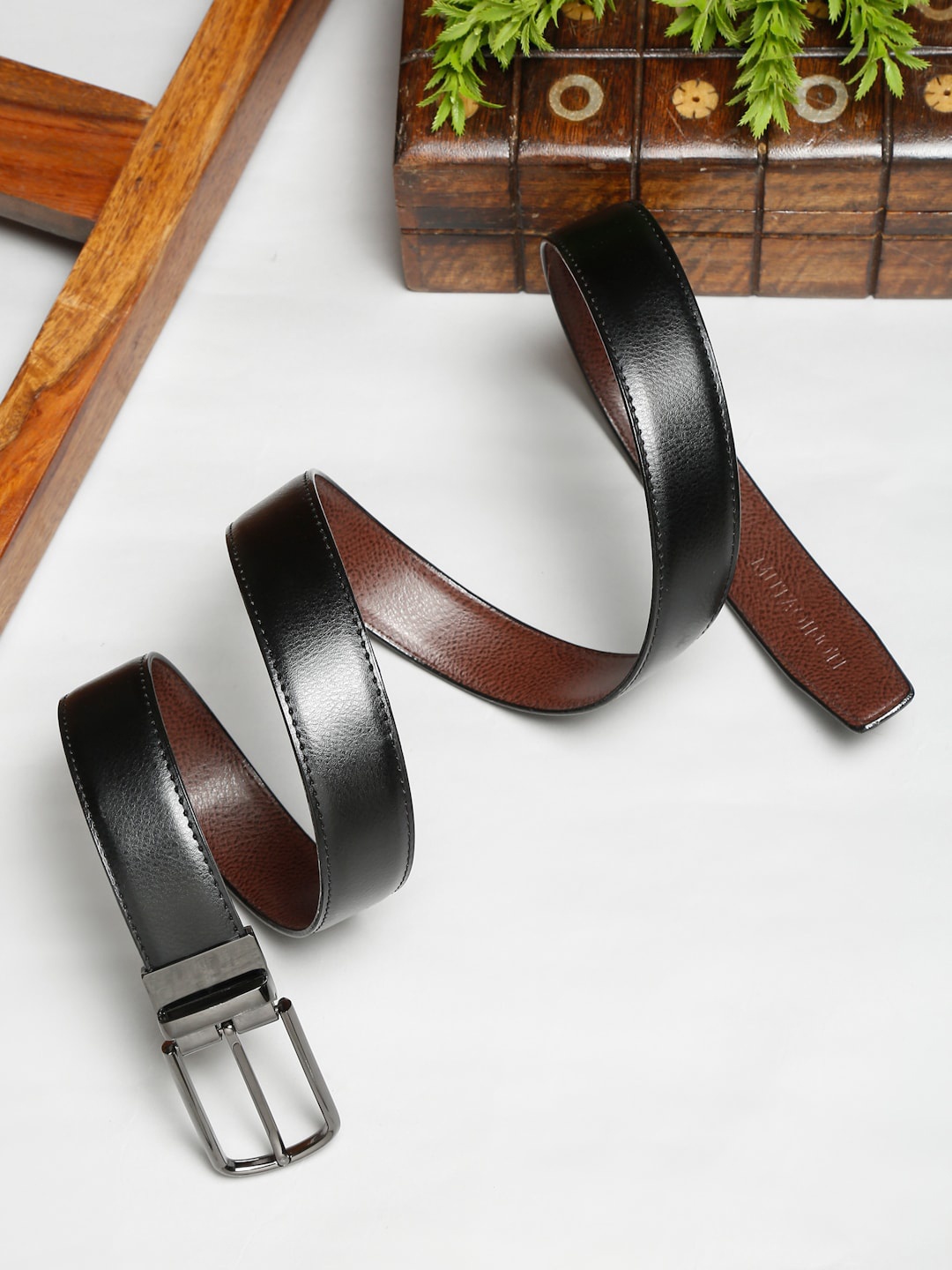 

MUTAQINOTI Men Black Vegan Leather Reversible Belt