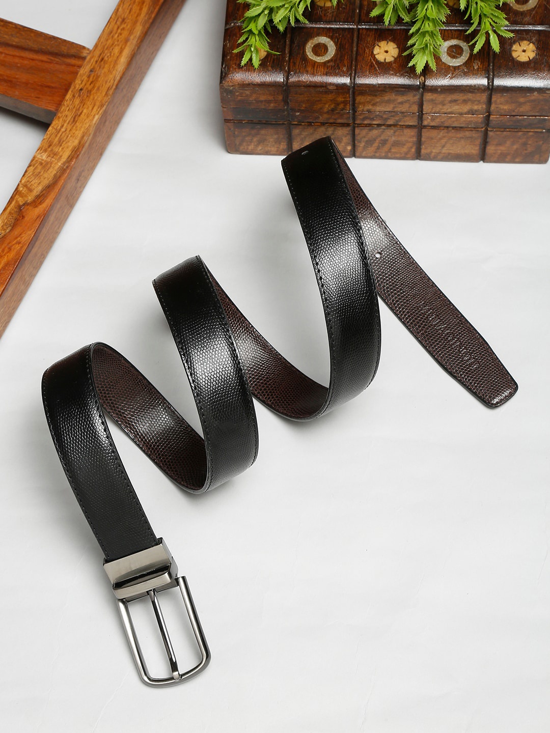 

MUTAQINOTI Men Black Textured PU Formal Belt