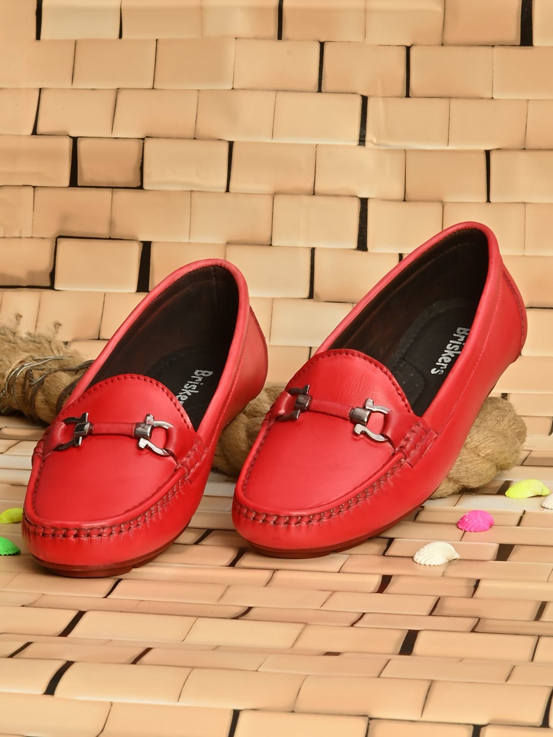 

BRISKERS Women Red Leather Loafers