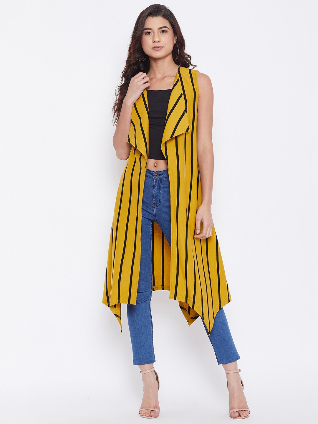 

Hypernation Women Yellow & Black Cotton Striped Longline Shrug