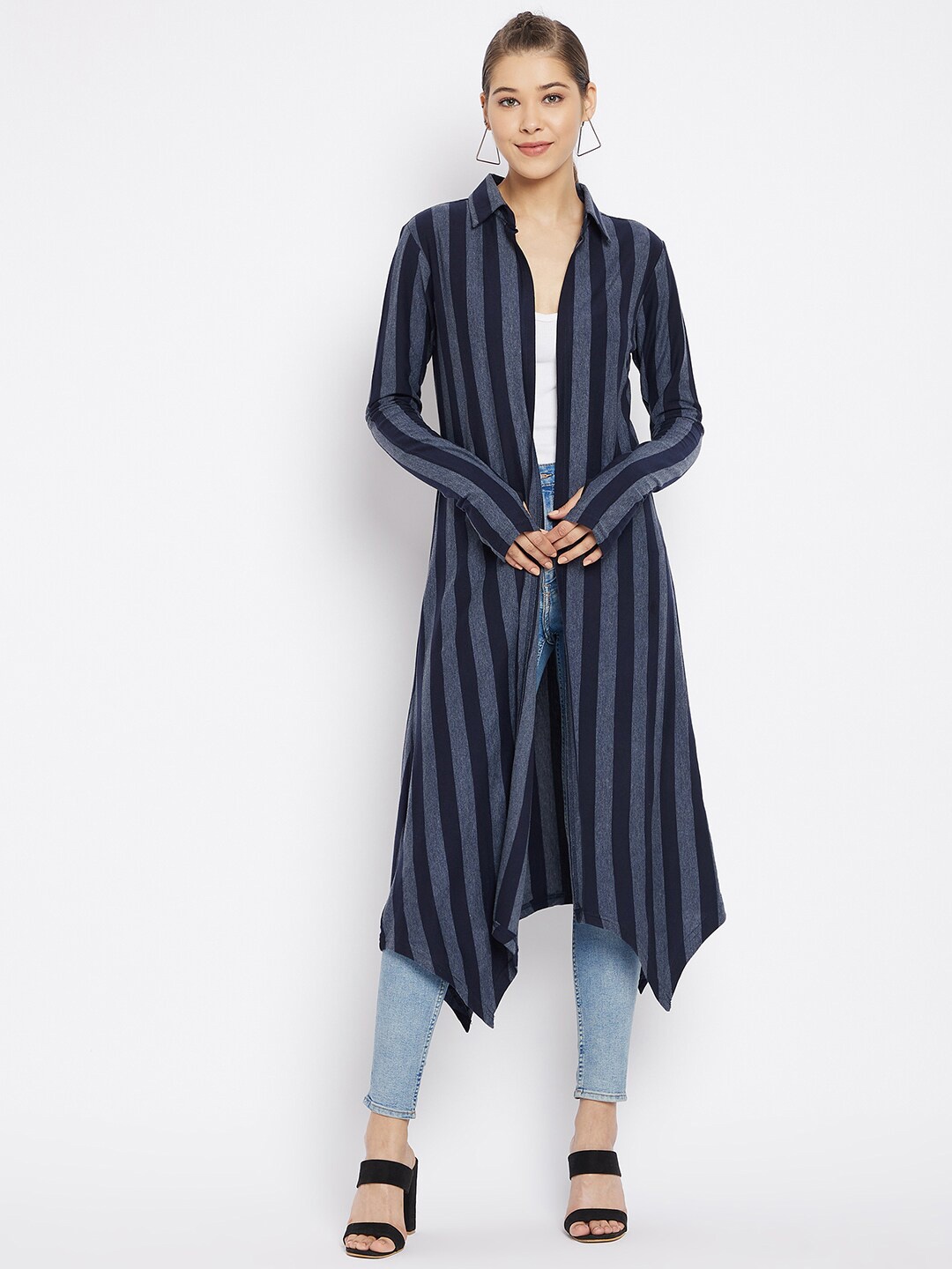 

Hypernation Women Blue Striped Longline Shrug
