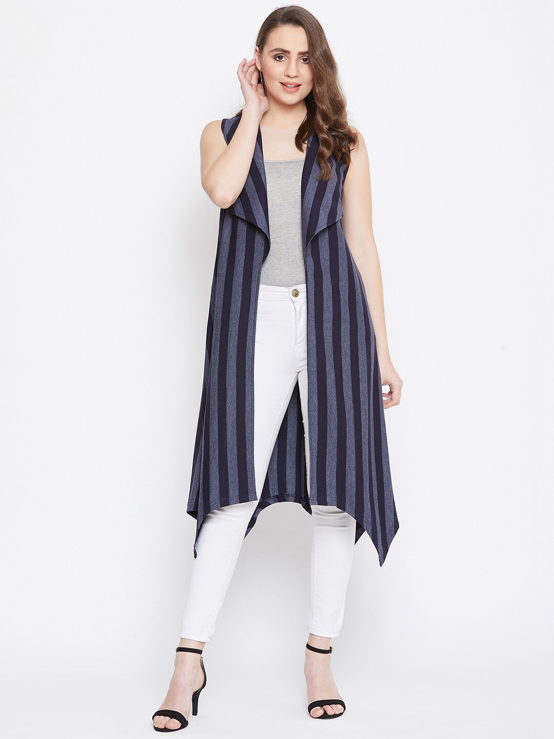 

Hypernation Women Blue & Grey Striped Cotton Blend Longline Shrug