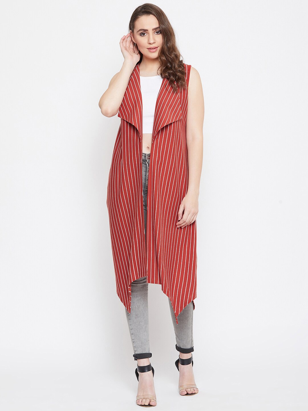 

Hypernation Women Orange & White Striped Longline Shrug