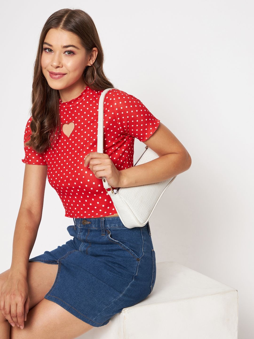 

Uptownie Lite Women Stretchable Heart Cut-Out Crop Top, Red
