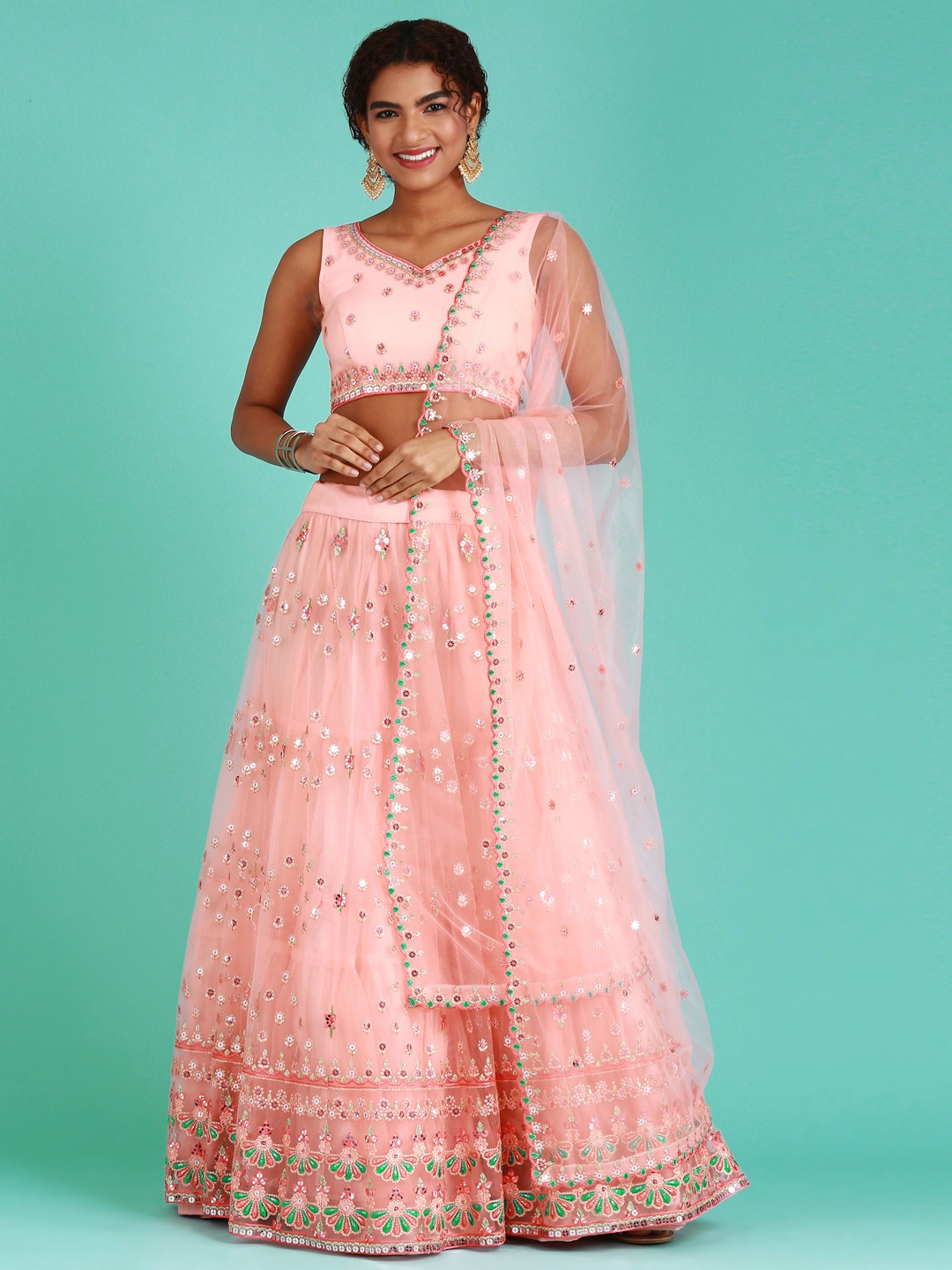 

panchhi Peach-Coloured Embroidered Sequinned Semi-Stitched Lehenga Set
