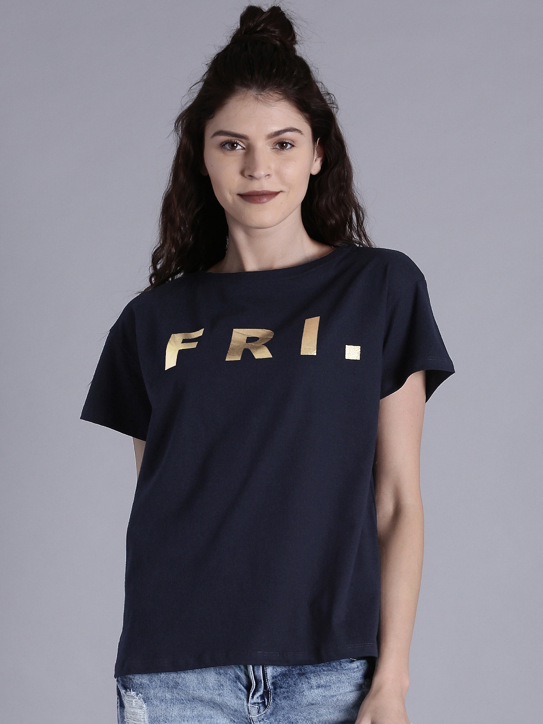 

Kook N Keech Women Navy Boxy Fit Printed Pure Cotton T-shirt, Navy blue