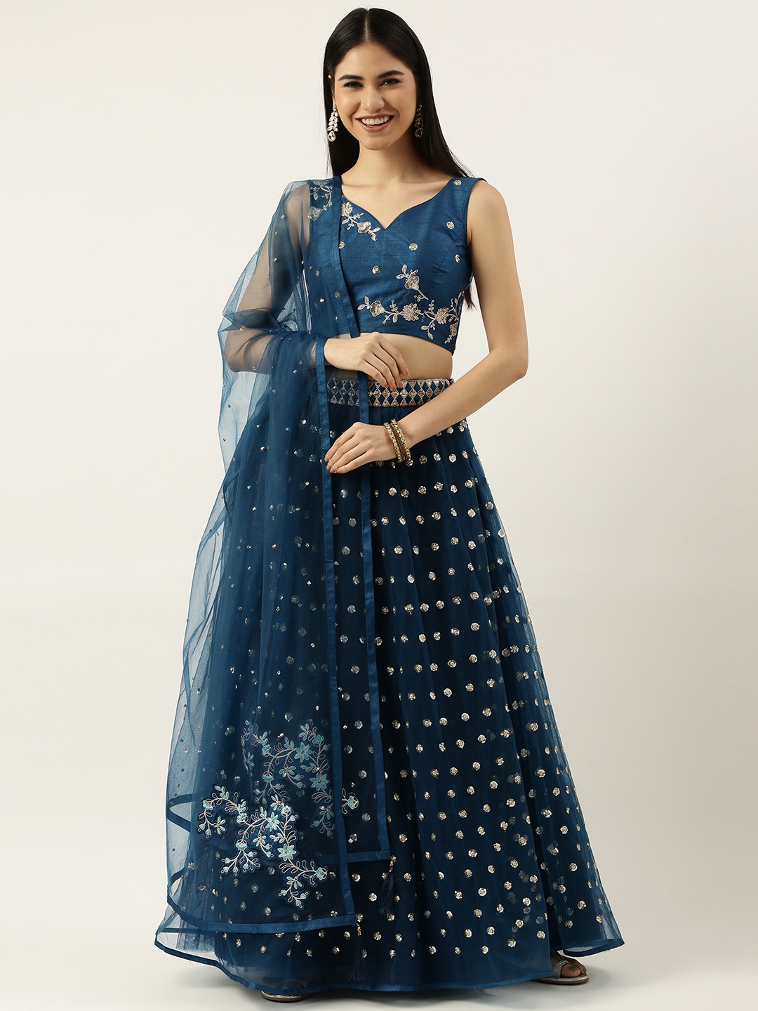

panchhi Teal Blue Embroidered Sequinned Semi-Stitched Lehenga Set