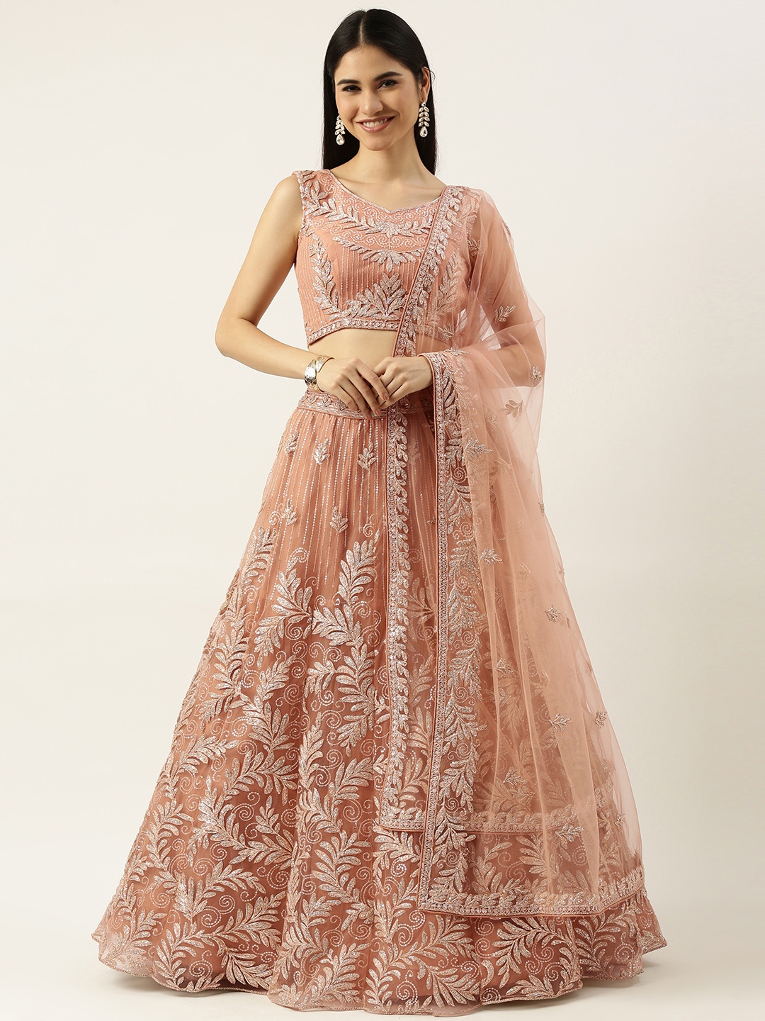

panchhi Peach-Coloured Embellished Sequinned Semi-Stitched Lehenga & Unstitched Blouse With Dupatta