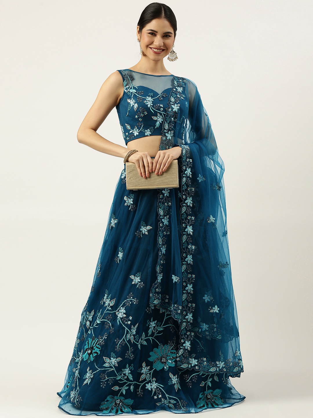 

panchhi Teal Embellished Sequinned Semi-Stitched Lehenga & Unstitched Blouse With Dupatta