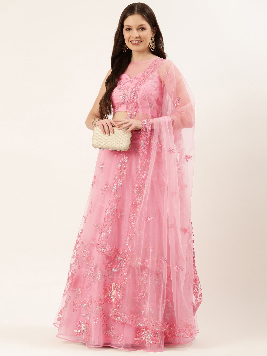 

panchhi Pink Embellished Sequinned Semi-Stitched Lehenga & Unstitched Blouse With Dupatta