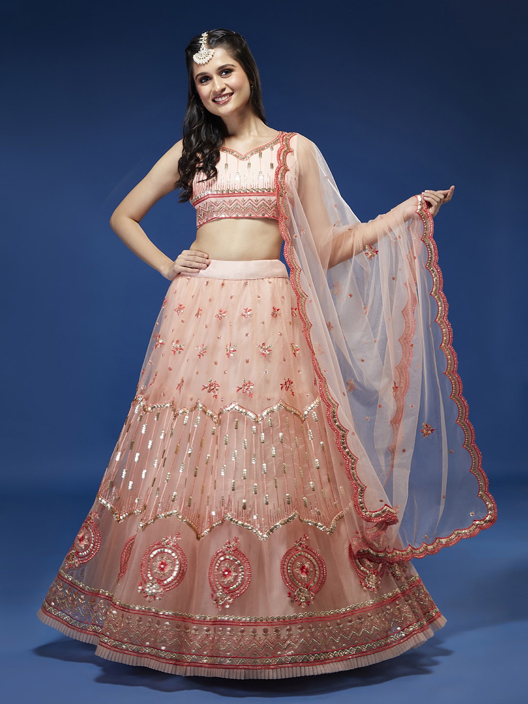 

panchhi Peach-Coloured Embellished Sequinned Semi-Stitched Lehenga & Unstitched Blouse With Dupatta