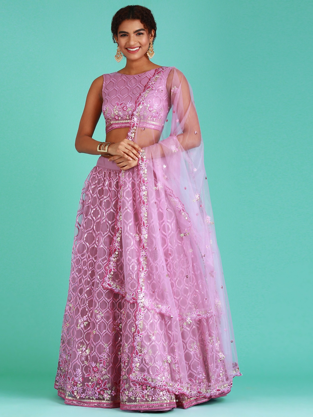 

panchhi Lavender Embroidered Sequinned Semi-Stitched Lehenga Set