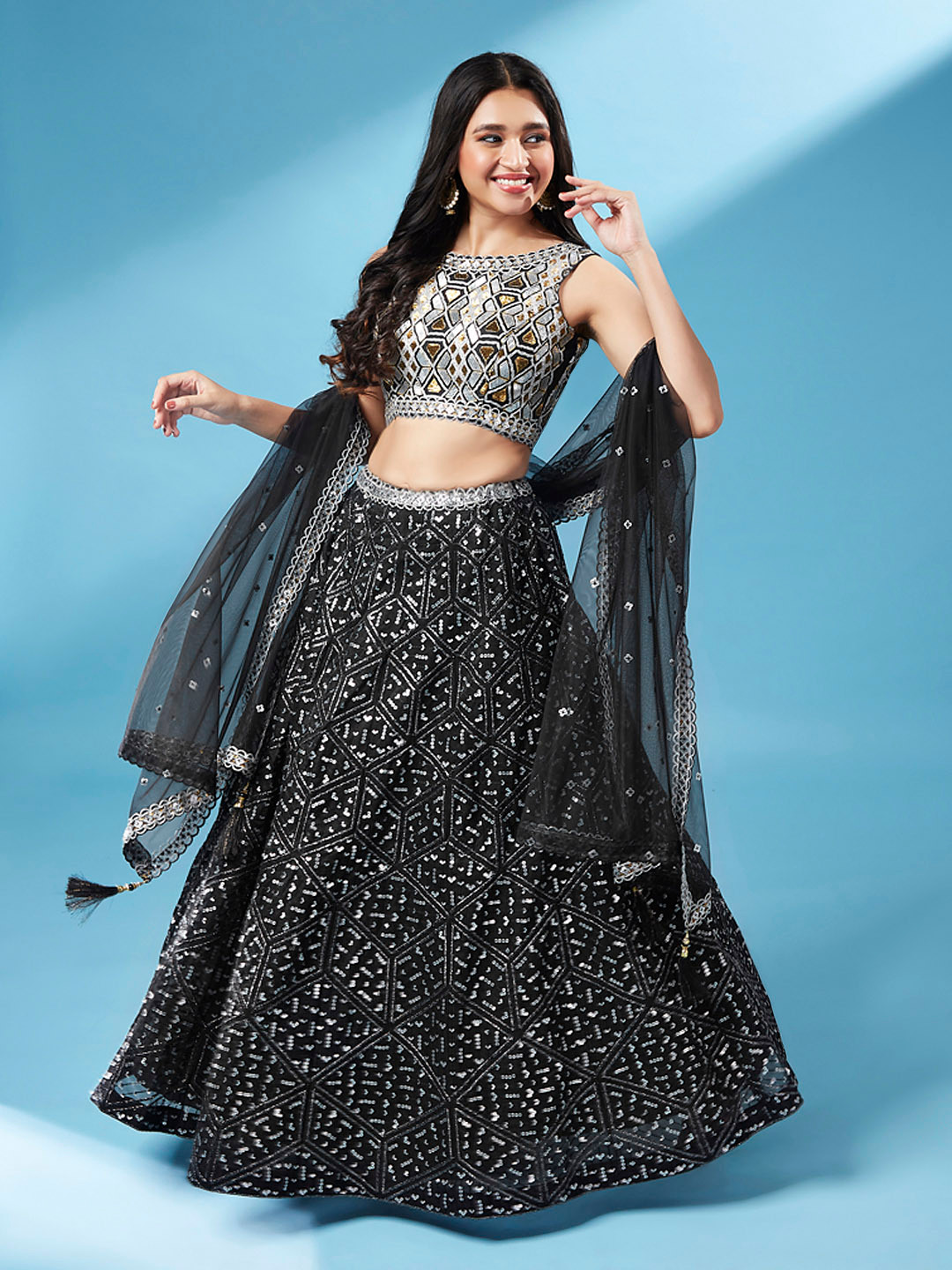 

panchhi Black Embellished Sequinned Semi-Stitched Lehenga & Unstitched Blouse With Dupatta
