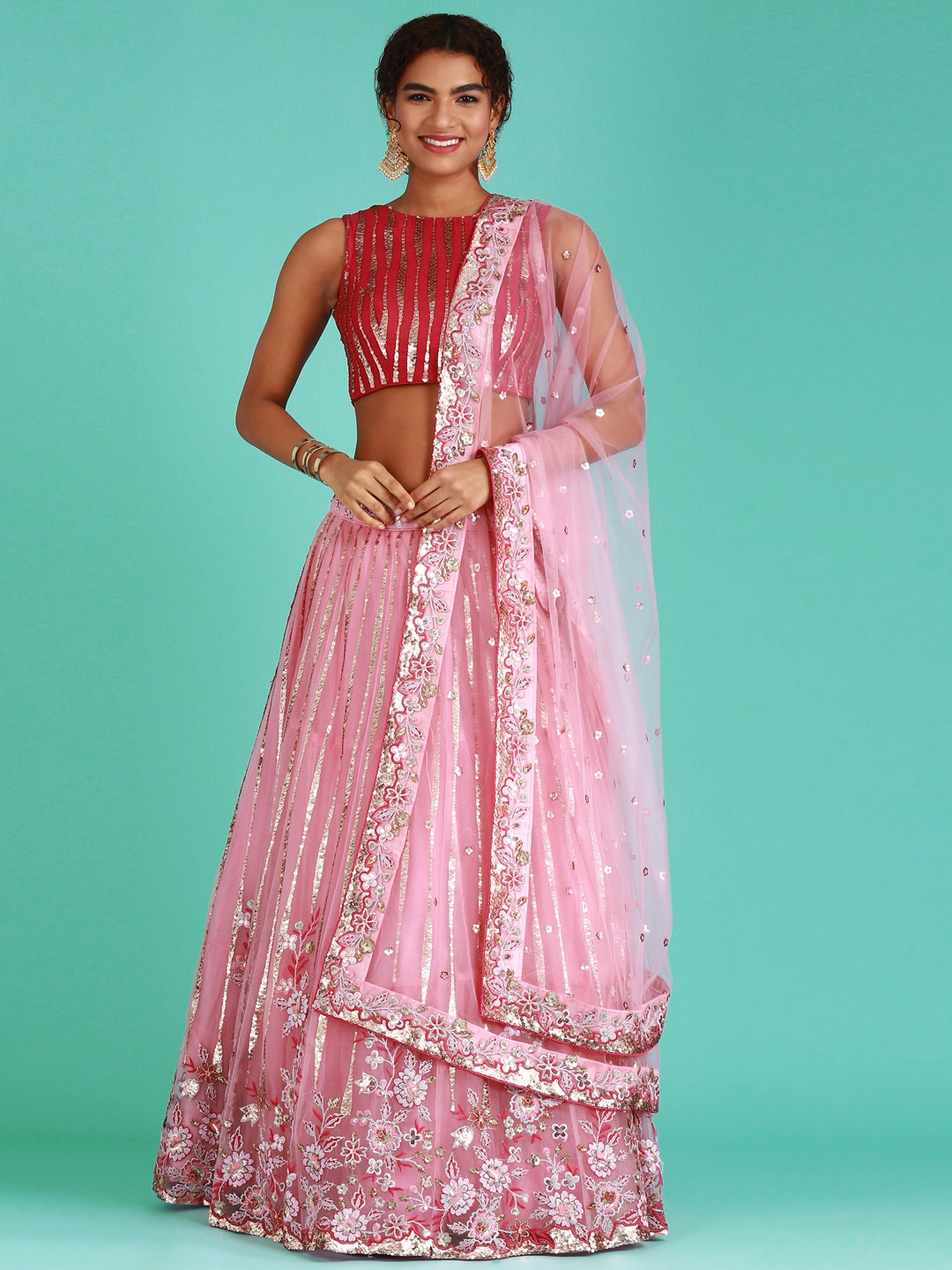 

panchhi Pink & Maroon Embellished Sequinned Semi-Stitched Lehenga Set