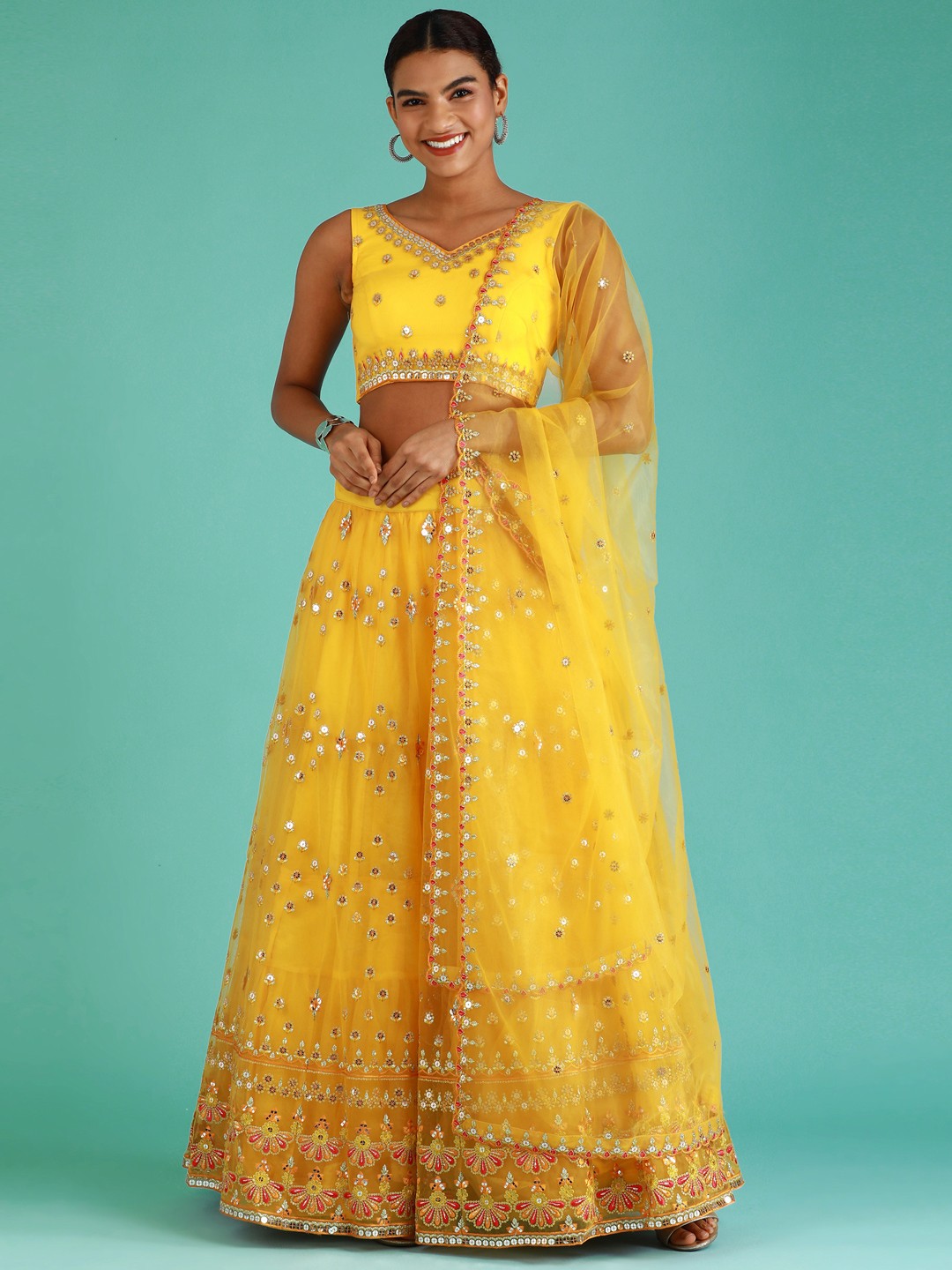 

panchhi Yellow Embellished Sequinned Semi-Stitched Lehenga & Unstitched Blouse With Dupatta