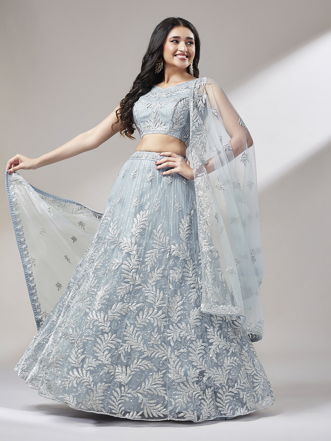 

panchhi Grey Embellished Sequinned Semi-Stitched Lehenga & Unstitched Blouse With Dupatta