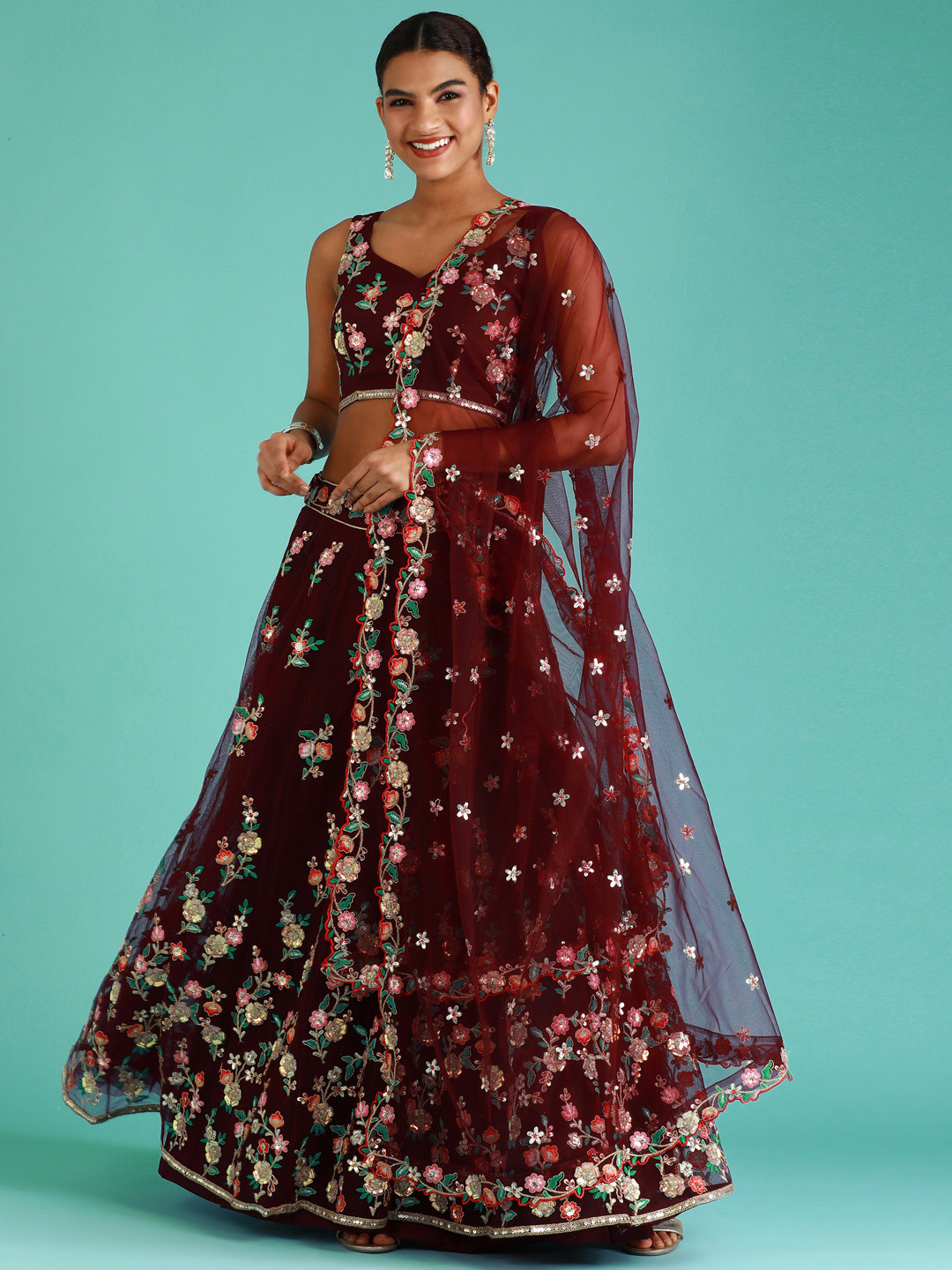 

panchhi Burgundy Embroidered Sequinned Semi-Stitched Lehenga Set