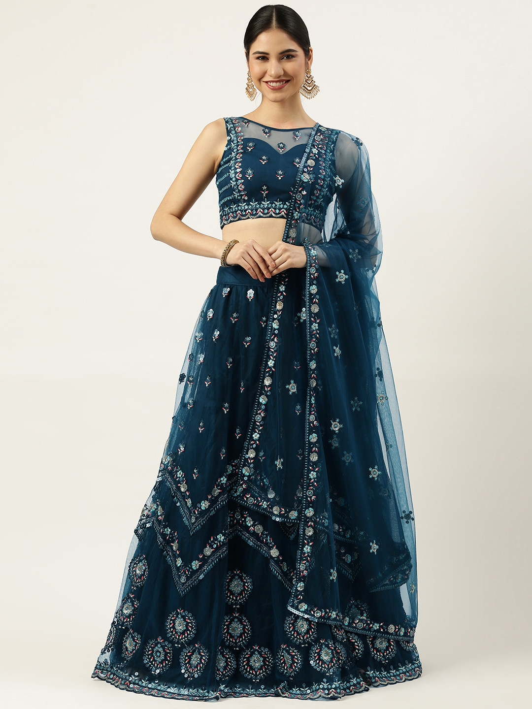 

panchhi Navy Blue Embroidered Sequinned Semi-Stitched Lehenga Set