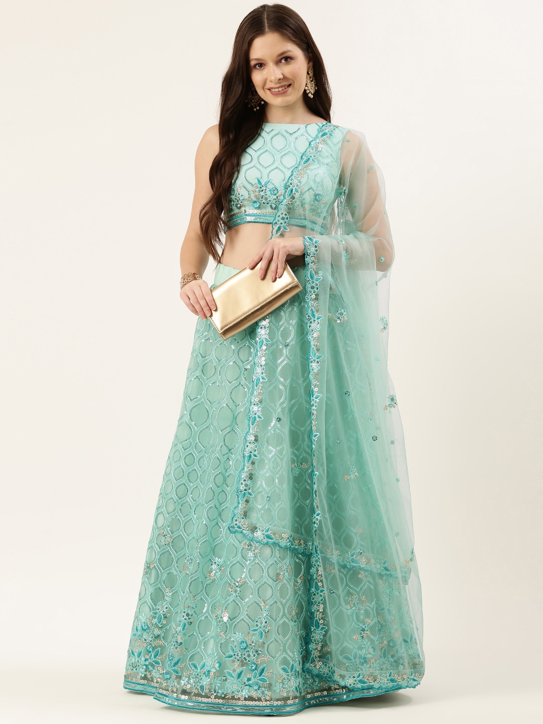 

panchhi Turquoise Blue Embellished Sequinned Semi-Stitched Lehenga & Unstitched Blouse With Dupatta