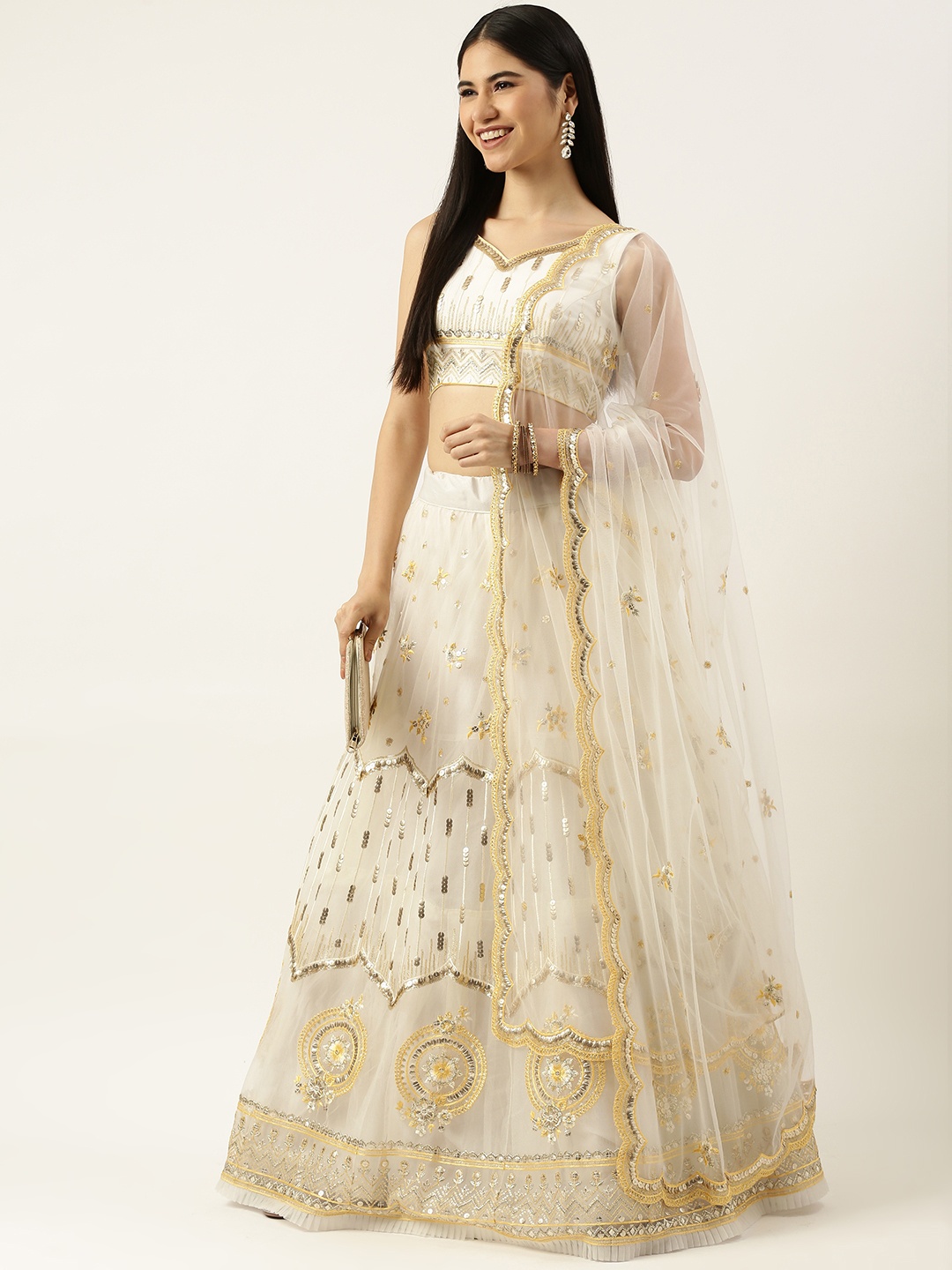 

panchhi Cream-Coloured Embellished Sequinned Semi-Stitched Lehenga & Unstitched Blouse With Dupatta