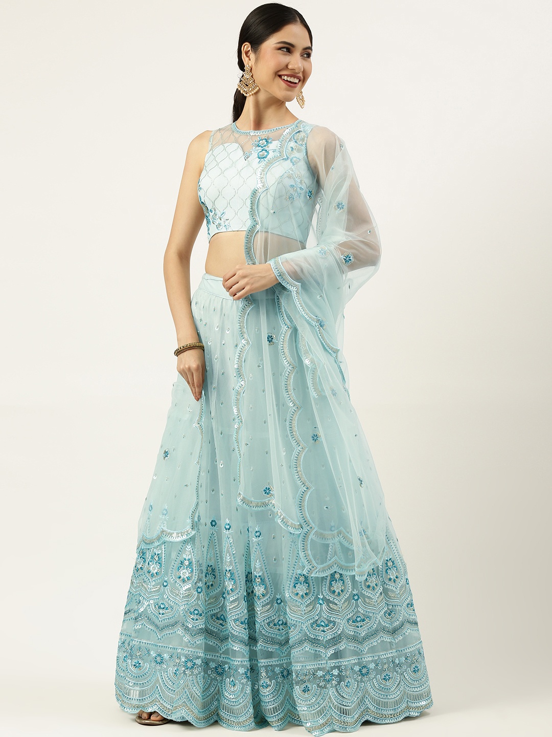 

panchhi Turquoise Blue Embroidered Sequinned Semi-Stitched Lehenga Set