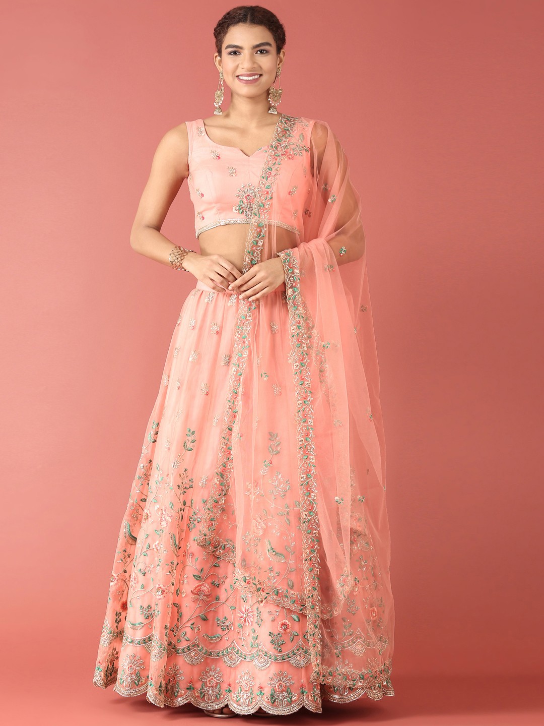 

panchhi Peach-Coloured Embellished Sequinned Semi-Stitched Lehenga & Unstitched Blouse With Dupatta