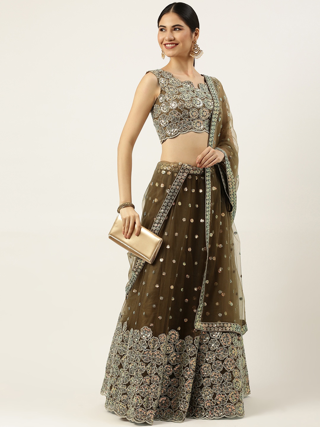 

panchhi Camel Brown Embellished Sequinned Semi-Stitched Lehenga & Unstitched Blouse With Dupatta