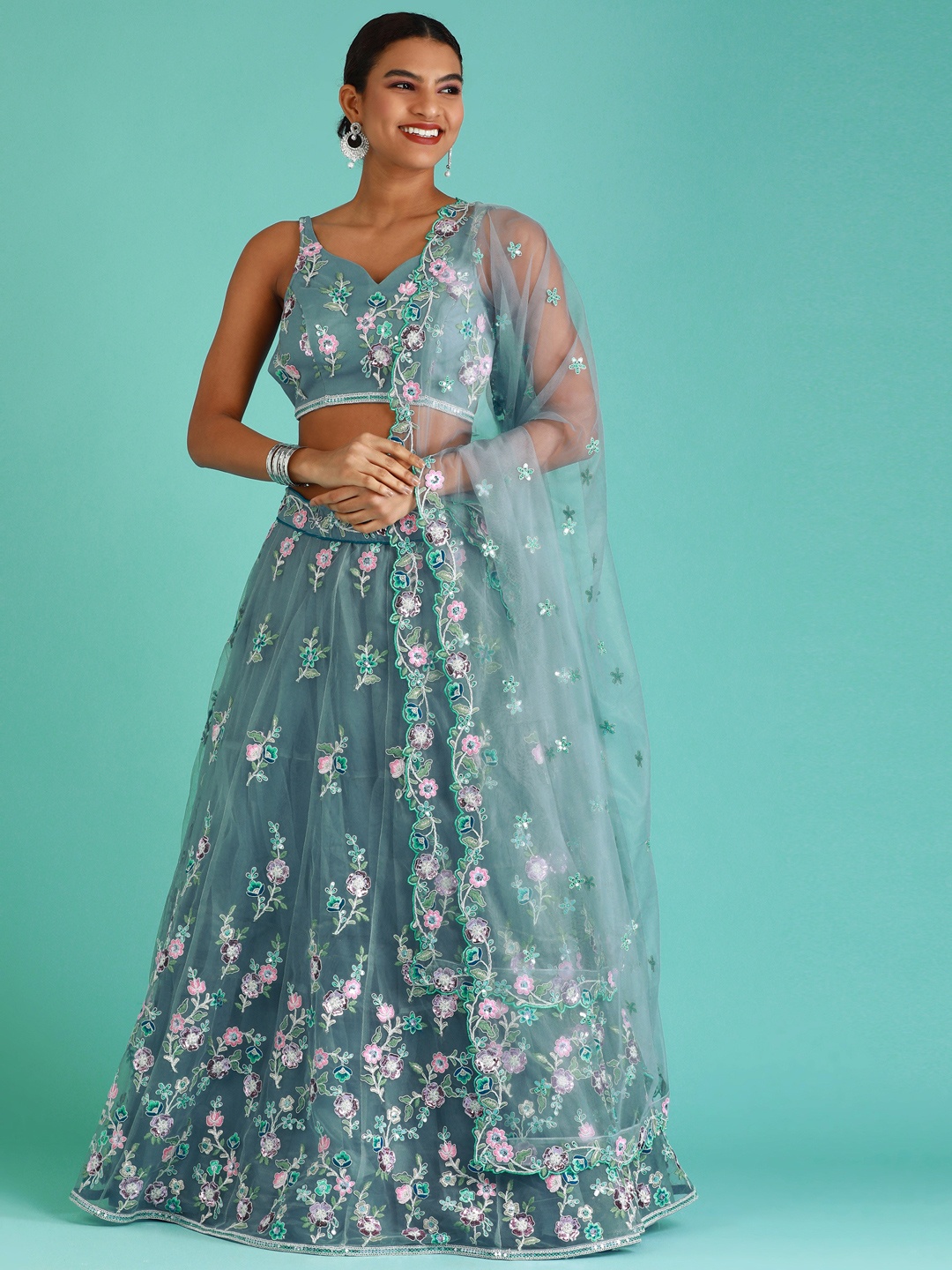 

panchhi Grey Embroidered Sequinned Semi-Stitched Lehenga & Unstitched Blouse With Dupatta