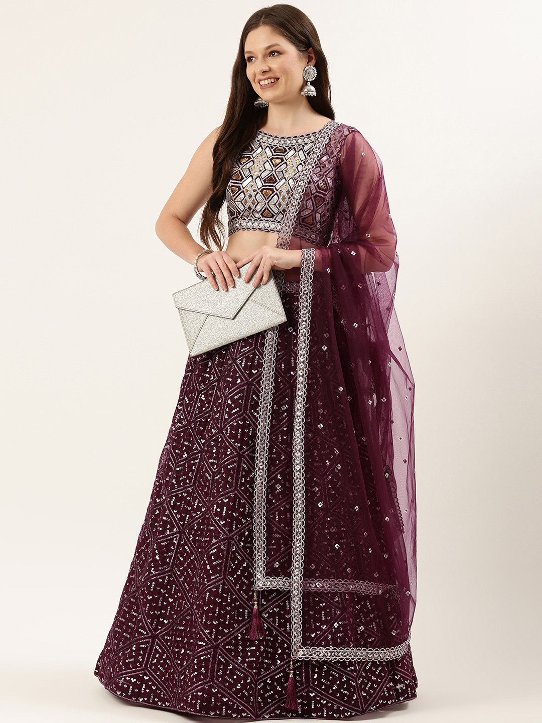 

panchhi Burgundy Embellished Sequinned Semi-Stitched Lehenga Set
