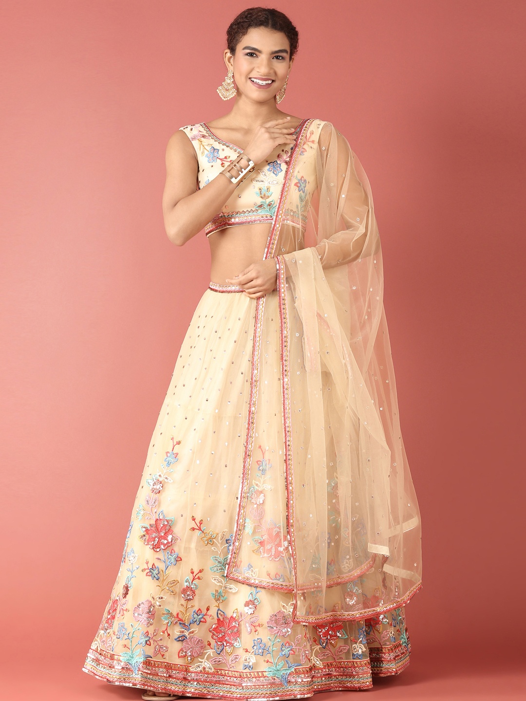 

panchhi Cream-Coloured Embroidered Sequinned Semi-Stitched Lehenga Set