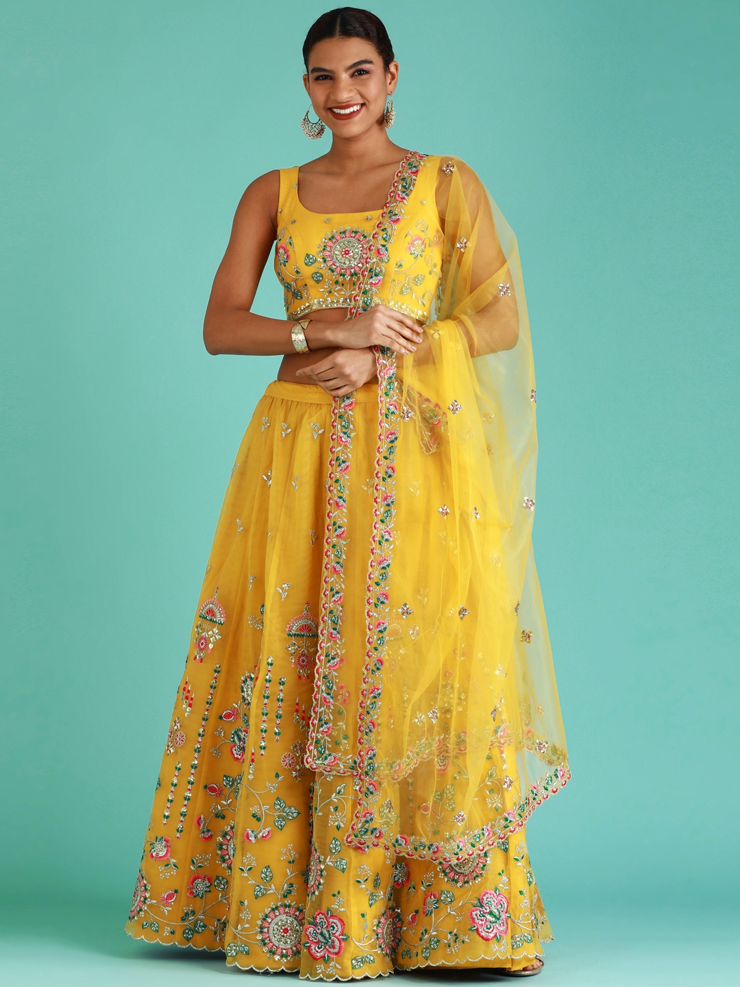 

panchhi Yellow Embroidered Sequinned Semi-Stitched Lehenga Set