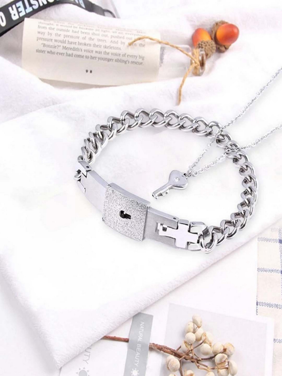 

UNIVERSITY TRENDZ Unisex Stainless Steel Lock and Key Couple Bracelet & Chain Set