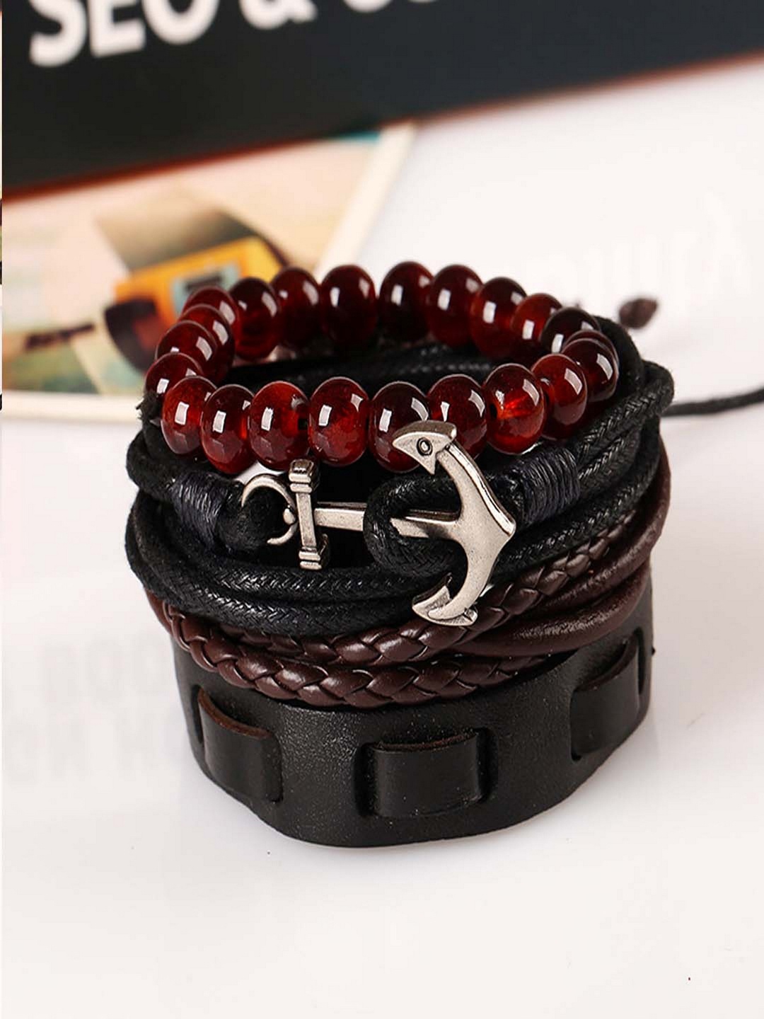 

UNIVERSITY TRENDZ Men 4 Brown & Black Leather Multistrand Bracelet