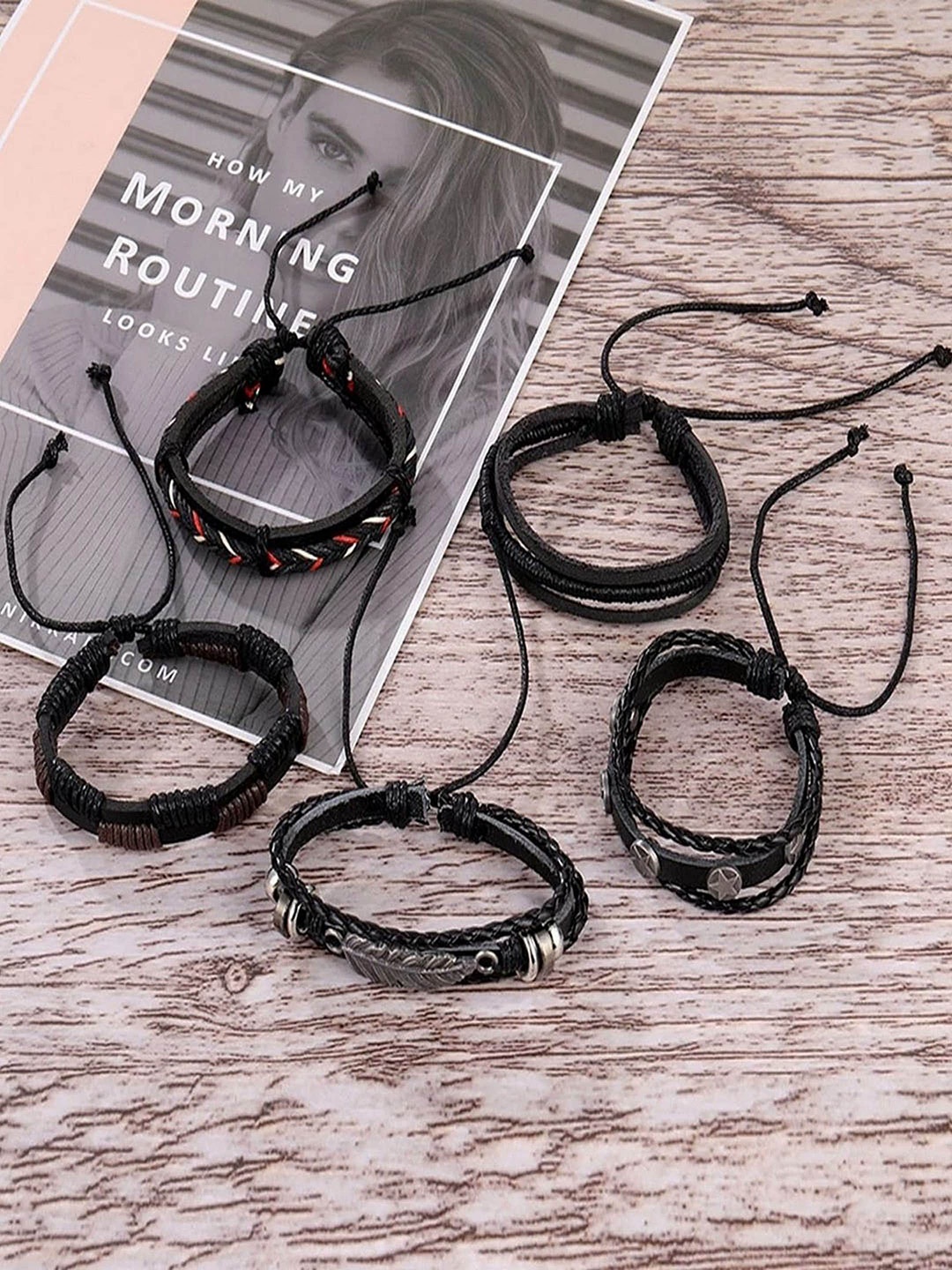 

UNIVERSITY TRENDZ Pack Of 5 Unisex Black Pu Leather Multilayer Adjustable Bracelet