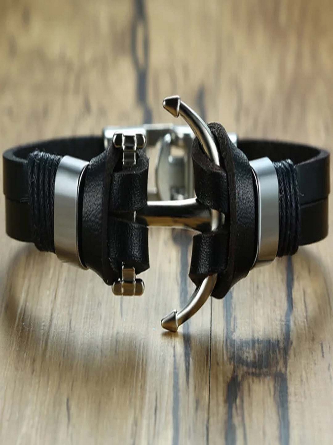 

UNIVERSITY TRENDZ Men Black & Silver-Toned Leather Multistrand Bracelet
