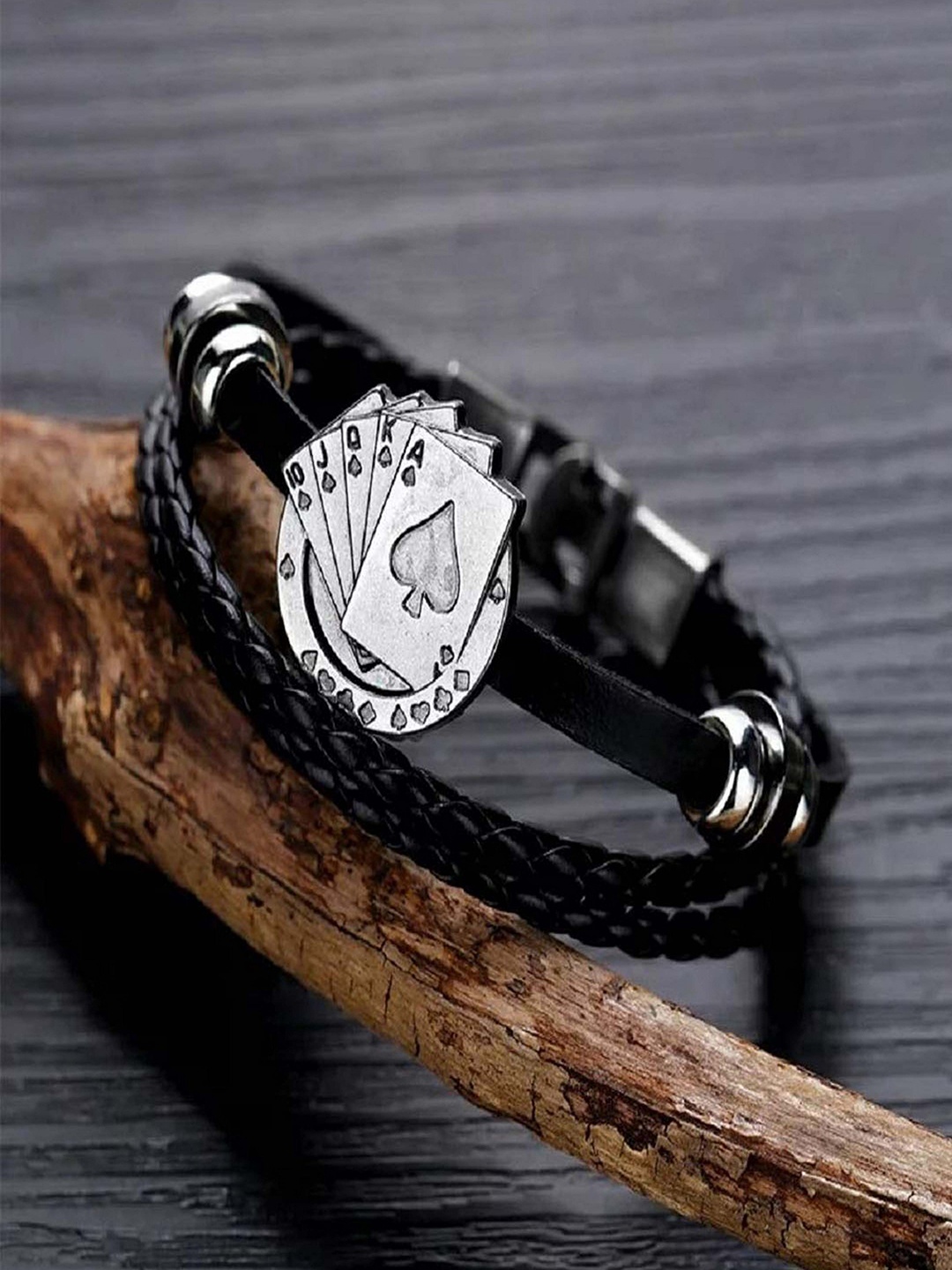 

UNIVERSITY TRENDZ Men Black & Silver-Toned Leather Multistrand Bracelet